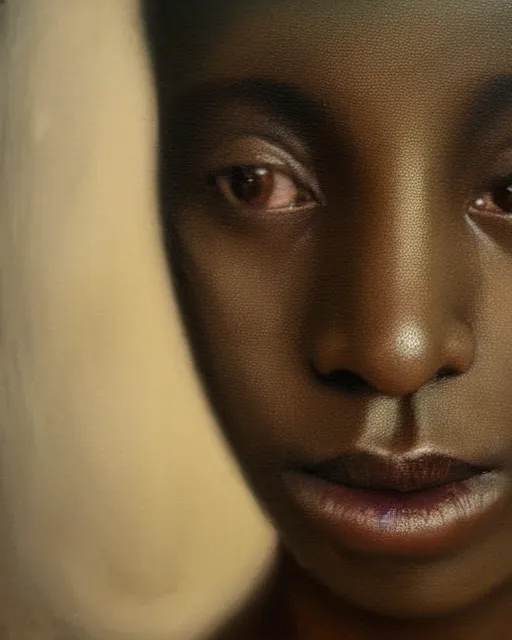 Image similar to a close up portrait a very ordinary young woman with an blank expression, by sarah moon, very dark skin, very blurry, translucent skin, foggy, oil painting, photorealistic, anatomically correct, beautiful perfect face, visible brushstrokes, sharp focus, highly detailed, cinematic lighting, 8 k, hd