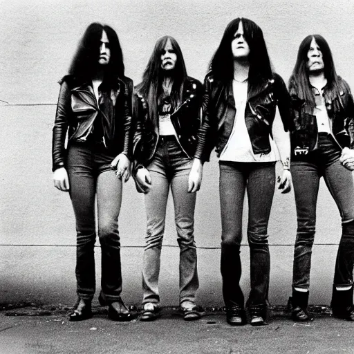 Prompt: group of 1 9 - year - old girls wearing black leather jackets and denim jeans, long wavy hair, as a giant blob mashed together like a transporter accident with arms and legs protruding at unnatural angles, proto - metal band promo, band promo, hard rock band, 1 9 7 0 photograph