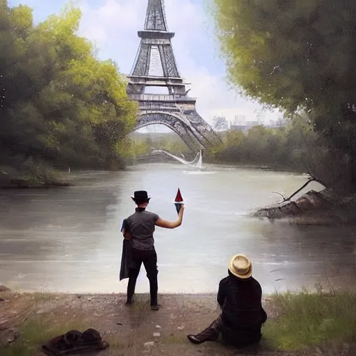 Prompt: artist Ewan McGregor is painting a painting by the river bank. We can see his back. He is a gentleman and wears a bowler hat, He is an artist, on background there is Eiffel tower, epic scene, by Peter Mohrbacher