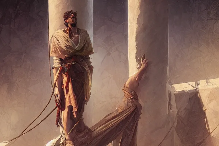 Image similar to a man tied to a column, highly detailed, digital painting, artstation, concept art, smooth, sharp focus, illustration, cinematic lighting, art by artgerm and greg rutkowski and alphonse mucha