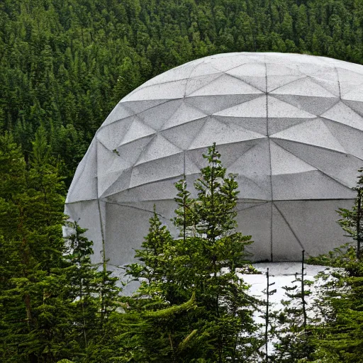 Image similar to brutalist concrete spomenik geodesic structure, in the mountains, taiga, by Henri Matisse