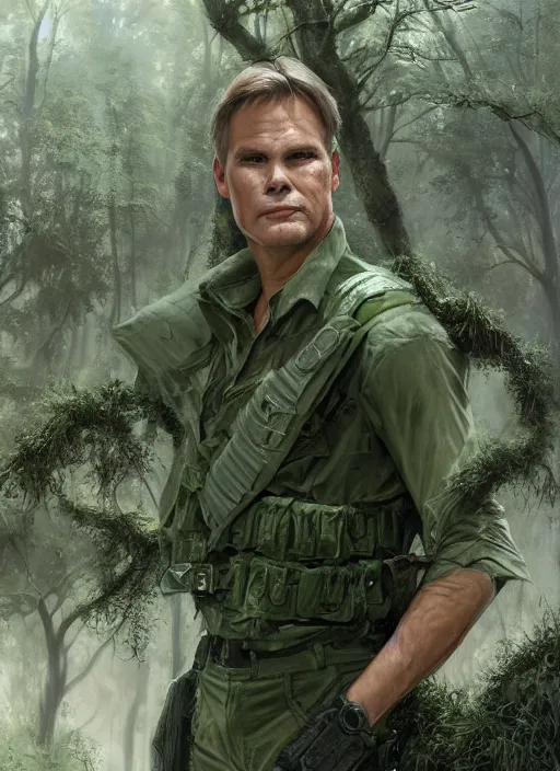 Image similar to portrait of a young richard dean anderson wearing a green combat uniform, in a post appocalyptic city overgrown by plants, by stanley artgerm lau, by wlop, by luis royo, by greg rutkowski, cover illustration, concept art, volumetric lighting, volumetric atmosphere, sharp focus, octane render, trending on artstation, 8 k