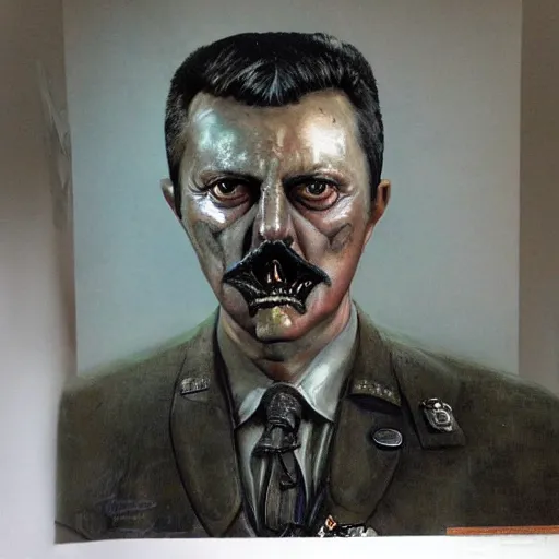 Prompt: Portrait of Igor Ivanovich Strelkov while he is calling for total war, photo-realistic, 2K, highly detailed, bodyhorror by H.R.Giger