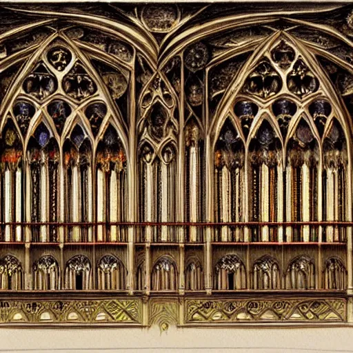 Image similar to ornate gothic organ console, designed by alan lee and john howe, detailed color concept art sketch