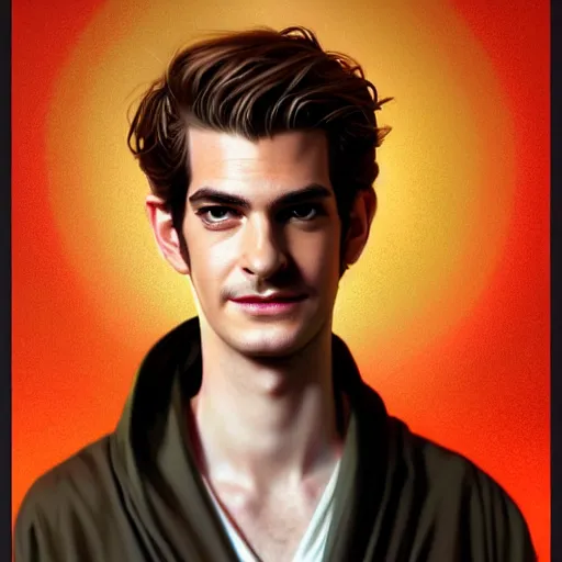 Image similar to colorful Captivating andrew garfield, brown eyes with red eye markers, slim body, wearing a detailed Japanese kimono with golden details, atmospheric lighting, painted, intricate, 4k, highly detailed by Charlie Bowater