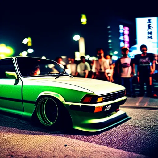 Image similar to a car S30 turbo drift at illegal car meet, shibuya prefecture, midnight mist streetlights, color grade, photorealistic, highly detailed wheels, highly detailed