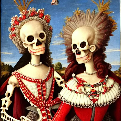 Prompt: two female skeletons standing on a queen, red and white flowers, spotlight, renaissance, baroque, Marie Antoinette, beautiful