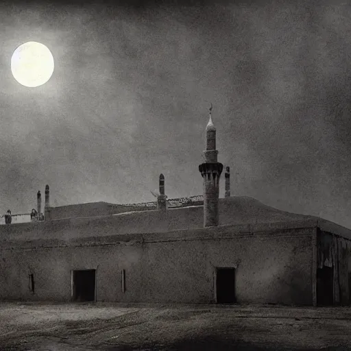 Prompt: a big mosque in a Village, horror, fog, foster, highly detailed, one house, fear, dark inside, black garb figures,eerie sun eclipse,hyper realistic, atmospheric lighting, beksinski