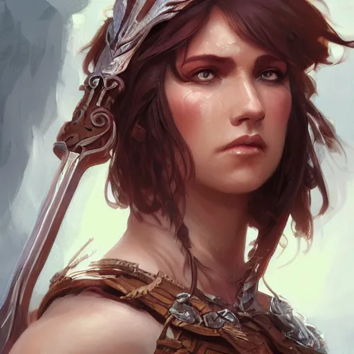 Image similar to Female barbarian closeup, D&D, fantasy, intricate, elegant, highly detailed, digital painting, trending on artstation, concept art, illustration, art by Artgerm and Greg Rutkowski and Alphonse Mucha