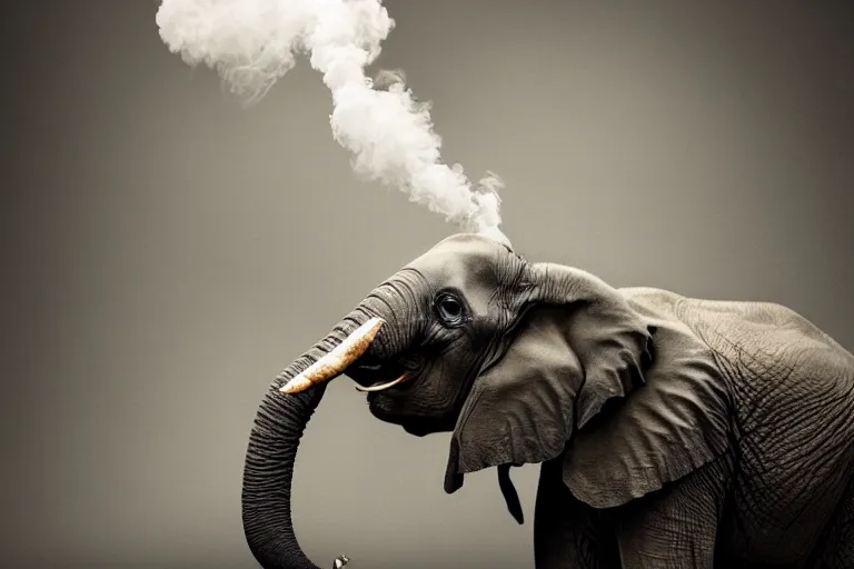 Image similar to ultra realistic nature photography, picture of ( subject : an elephant blowing smoke ). the scene is set in a cigar lounge, a very smokey atmosphere, small thick clouds of cigar smoke, artstation, focus on the elephant, extremely detailed and crisply sharp photo, hyperrealistic smoke, figma, sigma, 4 k