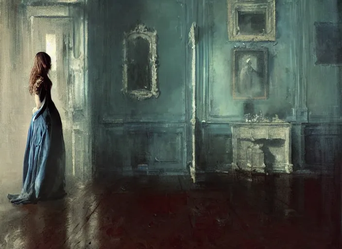 Image similar to portrait of woman in dress, detailed, by jeremy mann, gothic mansion room, blue tones, by alexander fedosav, wooden floor, digital artwork, paint, elegant