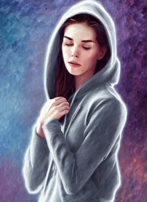 Image similar to catriona balfe, gray hoodie, jeans, beautiful hair, half body shot, path traced, highly detailed, high quality, digital painting, alena aenami, leonid afremov, lilia alvarado, shinji aramaki, karol bak, alphonse mucha, tom bagshaw