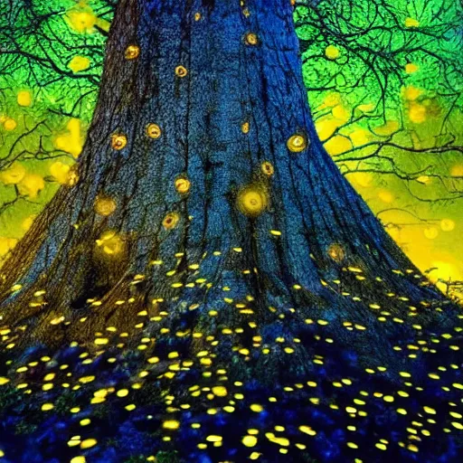 Prompt: mystical giant tree full of fireflies, blue golden leafs,