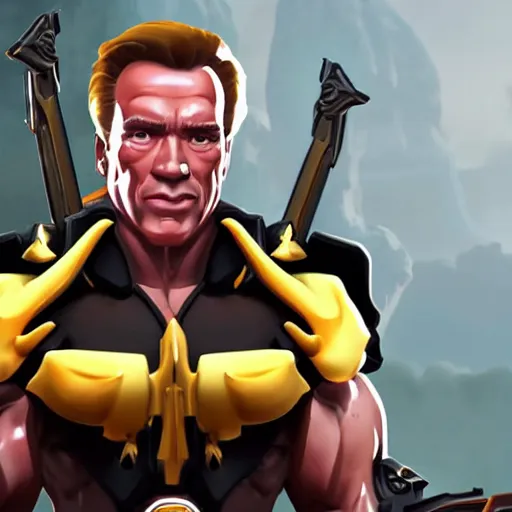 Image similar to a screenshot of arnold schwarzenegger as mercy in overwatch