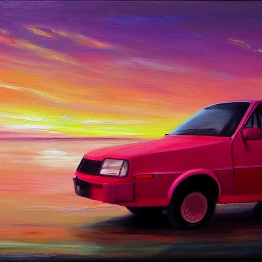 Prompt: an old 1 9 8 0 s car parked off the road, pink sunset, ocean in distance, oil painting, pale colors, high detail, 8 k, wide angle, trending on artstation,