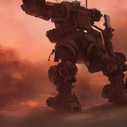 Prompt: a mech with guns on each arm preparing for combat, battlefield, dead trees, fire, smoke, dark clouds, slightly sunny, ominous, intense, epic, extremely detailed, cinematic lighting, studio ghibli, anime,