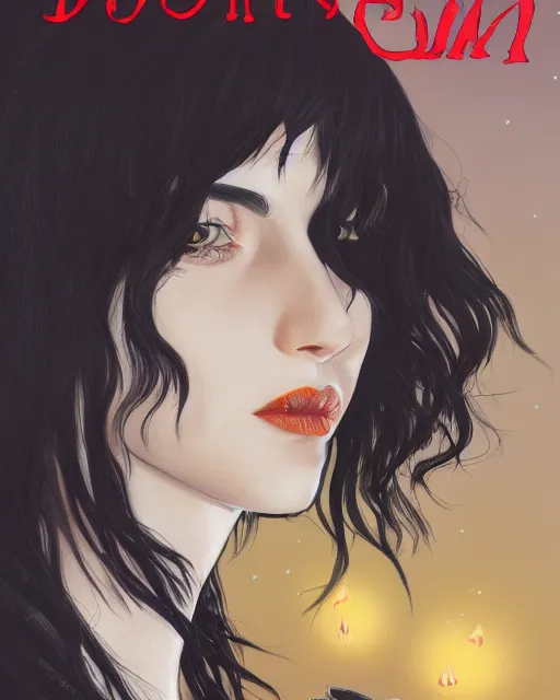 Image similar to happy birthday black haired girl, book cover by Neil Gaiman, trending on artstation, 8k, highly detailed