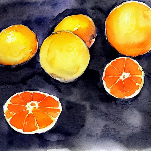 Prompt: oranges and lemons still life watercolor