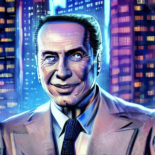 Image similar to berlusconi, head and shoulder shot, cyberpunk city, city background, 4k, beautiful face, smiling, hyperdetailed, trending on artstation, digital art