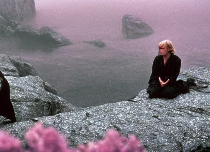 Image similar to Luke skywalker kneels before a jedi oracle woman, a mystic with infinite knowledge of time. a strange foggy pink land. still from the 1983 film directed by Stanley Kubrick, monolith, anamorphic, Photographed with Leica Summilux-M 24 mm lens, kodak stock, ISO 100, f/8, Portra 400