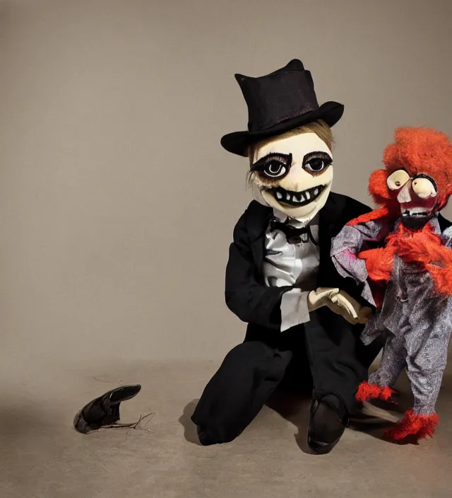 Image similar to hyper realistic photography of lunatic ventriloquist with haunted puppet