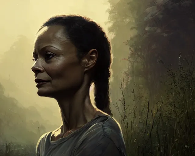 Image similar to highly detailed portrait of thandie newton in the walking dead, stephen bliss, unreal engine, fantasy art by greg rutkowski, loish, rhads, ferdinand knab, makoto shinkai and lois van baarle, ilya kuvshinov, rossdraws, tom bagshaw, global illumination, radiant light, detailed and intricate environment