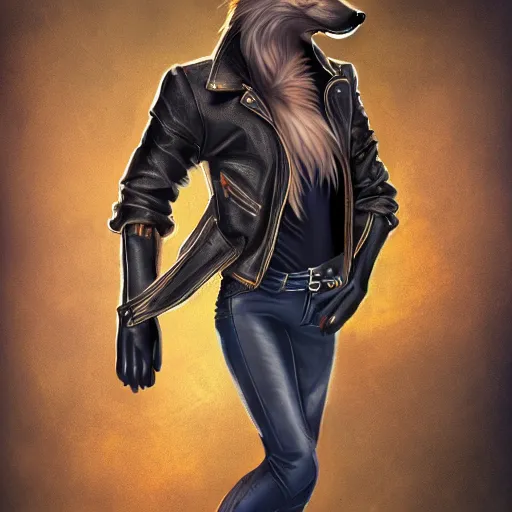 Image similar to A fox with a small head wearing a leather jacket and leather jeans and leather gloves, trending on FurAffinity, energetic, dynamic, digital art, highly detailed, FurAffinity, digital fantasy art, FurAffinity, favorite, character art