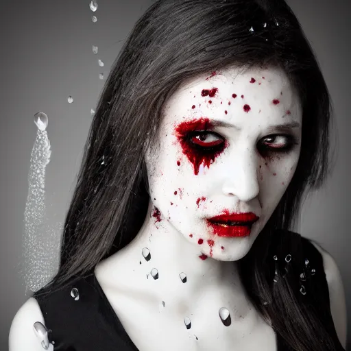 Image similar to professional headshot of an elegant female vampire with droplets of blood splattered across her face. high resolution, realistic, professional lighting, nikon camera, 8 k, imdb. com