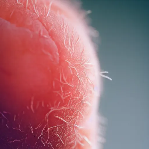 Image similar to a macro photo of a peach's hairy skin in shape of female bum, hyper realistic, hyper detailed, 35mm, very grainy film, pink volumetric studio lighting, bokeh, black background award winning shot, vogue magazine, cinematic, 8k, very closeup, elegant, tender, pastel