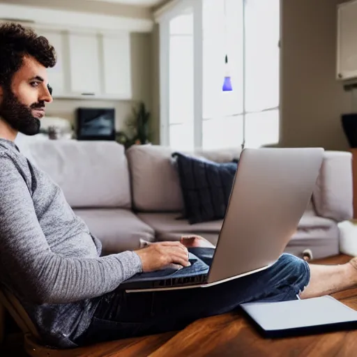 Prompt: Man alone on his computer in the living room of his apartment at night