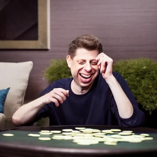 Prompt: Sam Altman laughing at a huge pile of money on a table, dslr photo