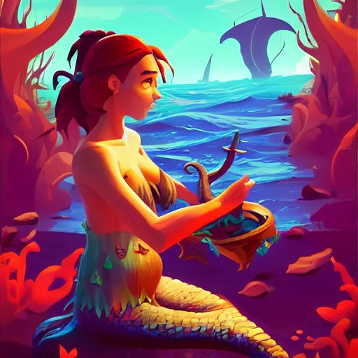 Image similar to painting mermaid treasure on sea of thieves game avatar hero smooth face median photoshop filter cutout vector, behance hd by jesper ejsing, by rhads, makoto shinkai and lois van baarle, ilya kuvshinov, rossdraws global illumination