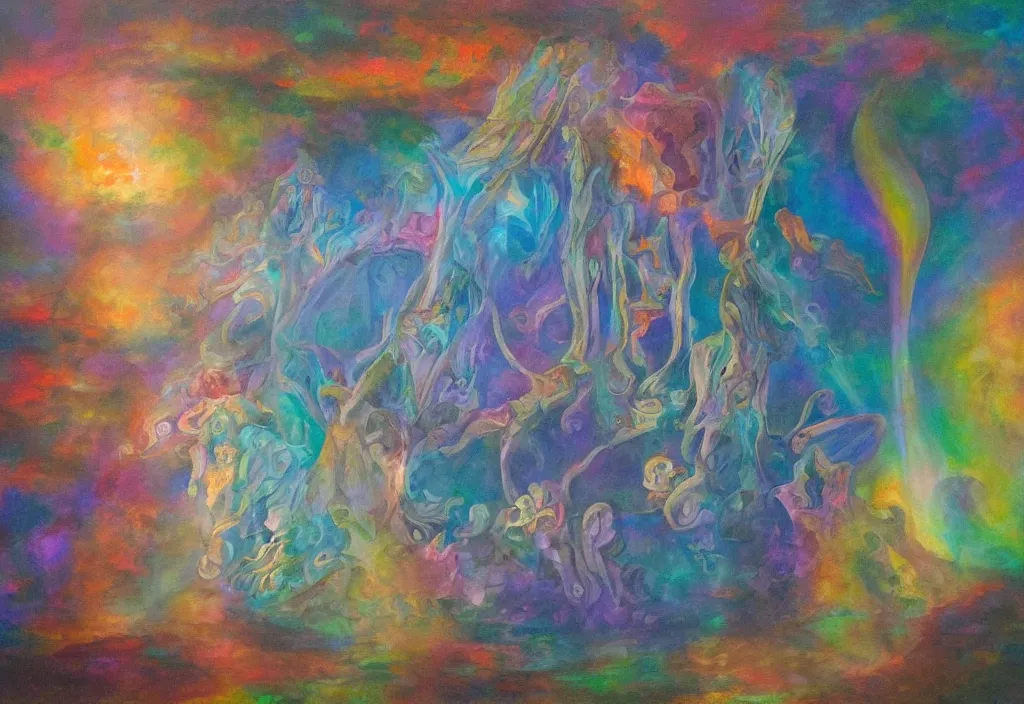 Image similar to iridescent temple of sleep deva architecture dreamer mythos phantasms, award winning oil painting, polychromatic spectrum