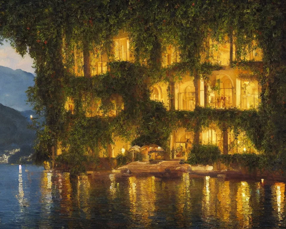 Prompt: an achingly beautiful oil painting of a vibrant Mediterranean four seasons resort, lit by glowing lanterns and covered in ivy, on the shores of Lake Como by Raphael and Hopper. detailed, romantic, trending on artstation.