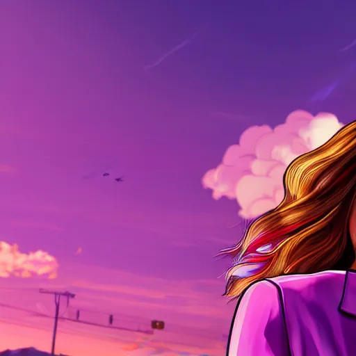 Prompt: a stunning GTA V loading screen with a beautiful woman with ombre hairstyle in purple and pink blowing in the wind listening to music, beautiful sky with cumulus couds, golden ratio, digital art, trending on artstation