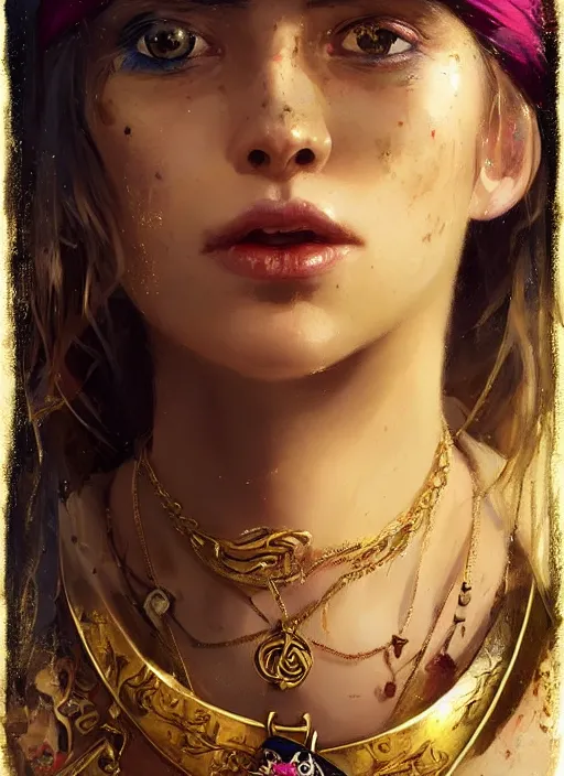 Image similar to full body picture of a pirate girl, hard breathing, messy hair, very excited, front of the treasure box, jewels and gold on the background, coveted, beautiful and aesthetic and attractive and detailed face, specular reflection, occlusion shadow, intricate, bokeh, masterpiece, by ilya kuvshinov and jeremy lipking and quentin mabille