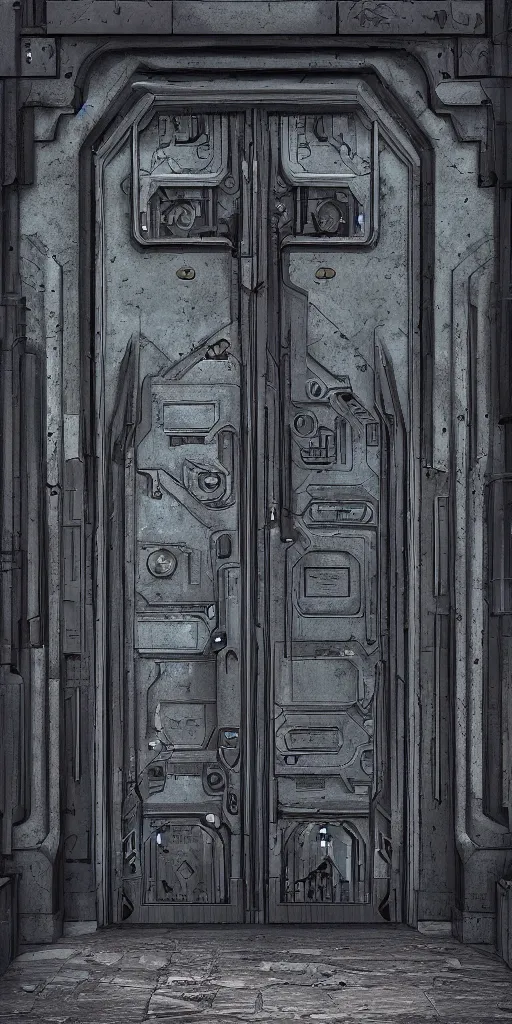 Prompt: huge sci - fi door with medieval ornaments, sci - fi art, concept art, dark moody colors, 8 k detailed digital art, octane