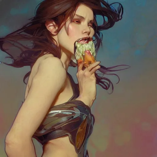 Image similar to digital character concept art by artgerm and greg rutkowski and alphonse mucha. wide open female mouth, close - up, defiant, light effect, 8 k, hyper detailed, intricate, elegant, digital painting, artstation, smooth, sharp focus