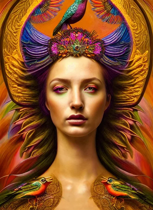 Image similar to portrait of the beautiful young goddess of birds, unusual beauty, etheric, outworldly colours, emotionally evoking symbolic metaphors, head in focus, fantasy, ornamental, intricate, elegant, highly detailed painting style photo, artstation, concept art, painterly, golden ratio, sharp focus, illustration, art by marco mazzoni and zdzisław beksinski,