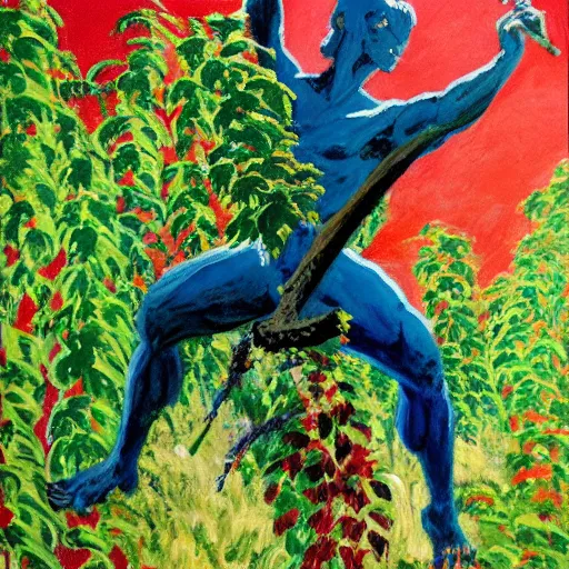 Prompt: a leroy neiman painting of a fourteen year old boy, swinging a machete at a large monster made of vines and plants, dynamic pose, bat swing pose