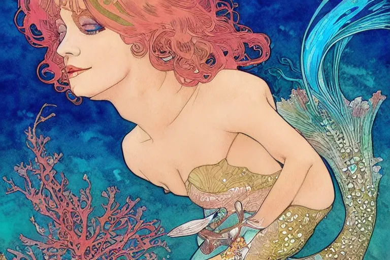 Image similar to a beautiful intricate watercolor illustration of goldie hawn as a mermaid in a coral reef, tropical fish and coral, 4 k, ultra - wide angle, by william turner, by victo ngai, by alphonse mucha, by miho hirano, by moebius, hd, trending on artstation, hyper detailed, muted intense colors