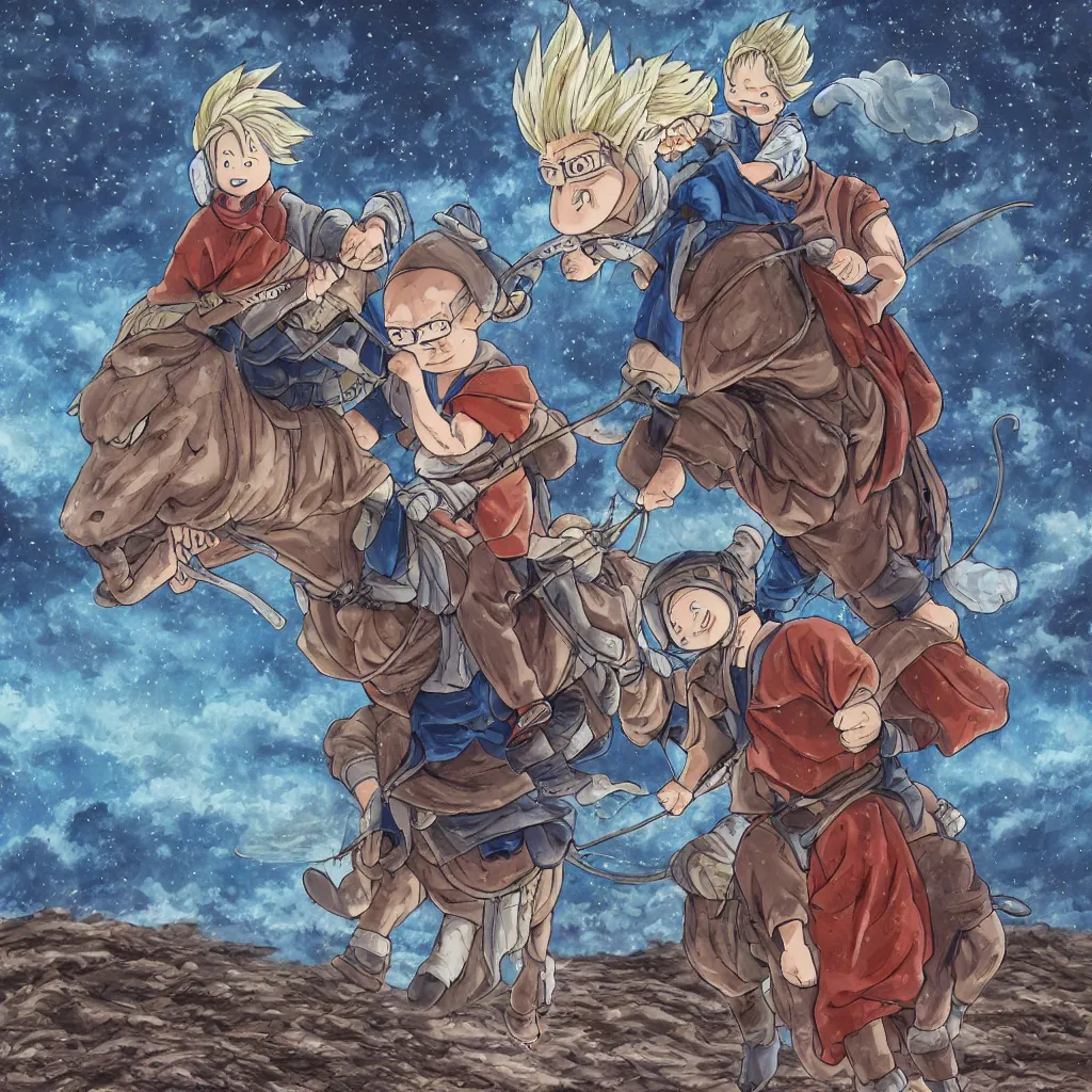 Image similar to akira toriyama, in the styles of, digital art,, high resolution, anime,, man with hoodie ridding a horse at night moody forrest