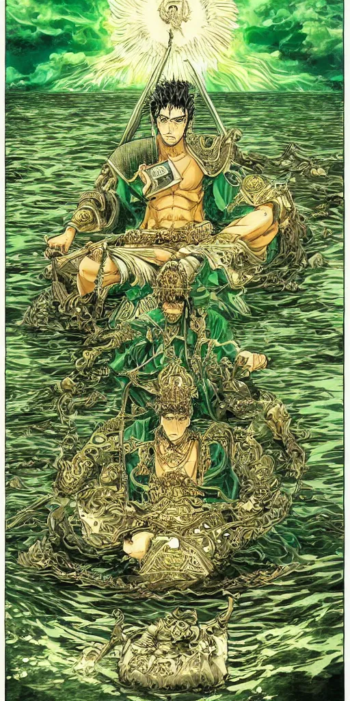 Prompt: a lone emperor sitting on a emerald throne floating on water in the middle of a lake drawn by Makoto Yukimura in the style of Vinland saga anime, full color, detailed, psychedelic, Authority, structure, a father figure, tarot card