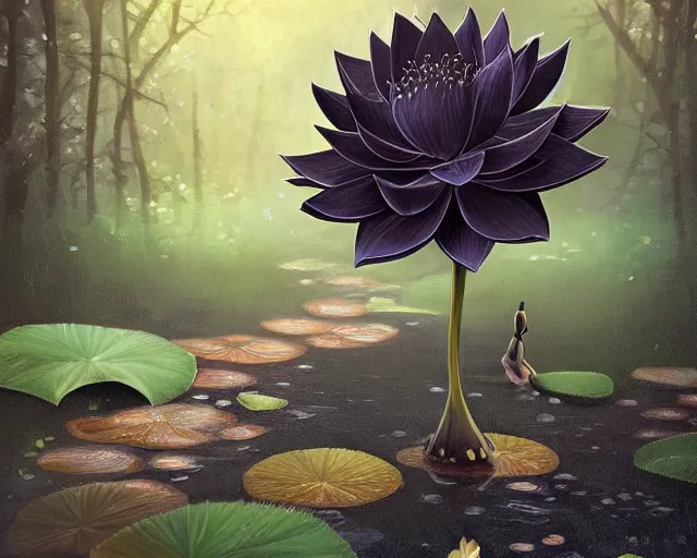 Image similar to black lotus flower, in forest, bokeh depth of field, illustration, by ( kieran yanner ) ( miranda meeks ) ( anna podedworna ) ( cristi balanescu ), digital art