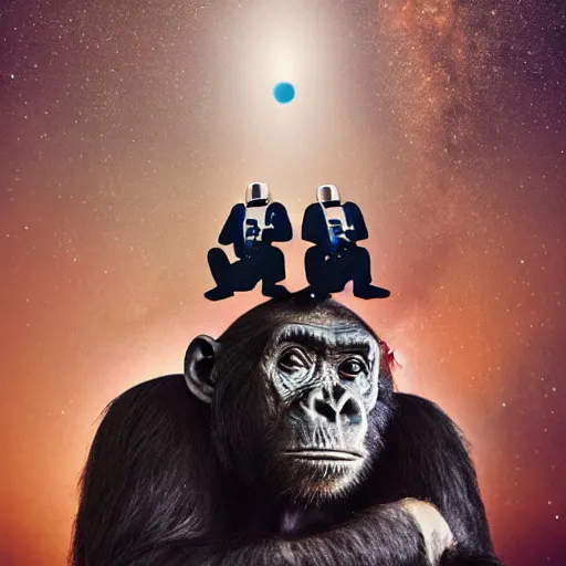 Image similar to double exposure portrait split in the middle of a astronaut and one chimpanzee in a suit posing with space in the background, pencil art, double, dynamic lighting stars, sharpness, golden ratio