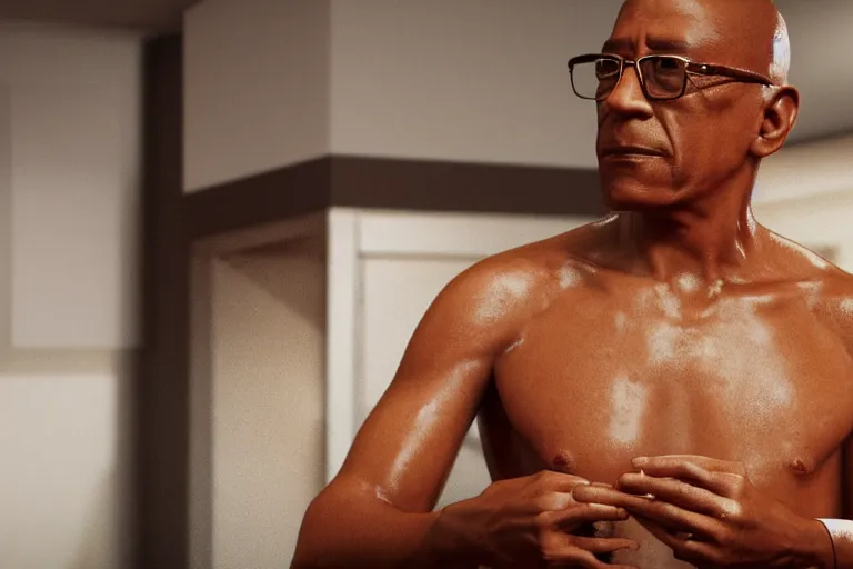 Prompt: shirtless gus fring from breaking bad offering fried chicken. ultra-detailed, 8k, octane render