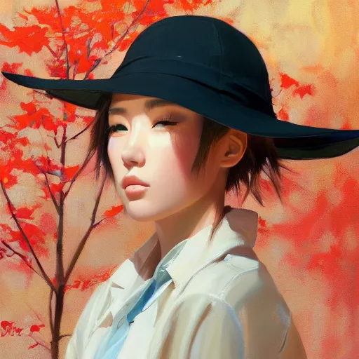 Image similar to oil painting by ilya kuvshinov,, baugh casey, artgerm craig mullins, coby whitmore, of a youthful japanese girl, long hair, fisherman's hat, highly detailed, breathtaking face, studio photography, noon, intense bounced light, water reflection, large tree casting shadow, serine intense sunlight