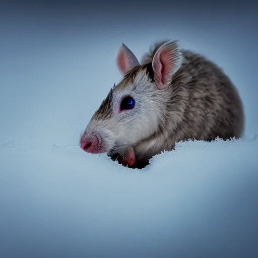 Prompt: unicorn mouse with soft wings searching for food in the snow, macro shot, soft light of winter, award winning photo, national geographic,