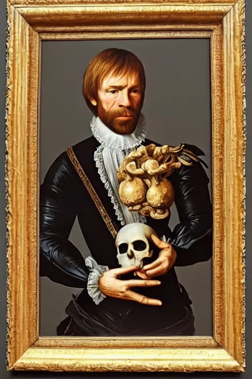 Prompt: a 1 6 0 0 s framed portrait painting of chuck norris holding a skull, intricate, elegant, highly detailed