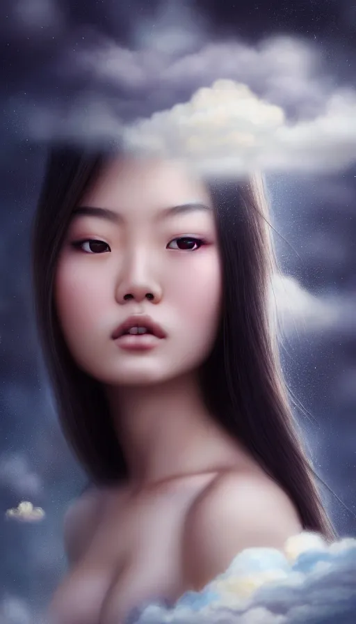 Prompt: photo of a gorgeous young asian girl , searching for eternity, head in the clouds in the style of stefan kostic, realistic, sharp focus, 8k high definition, high fashion, vogue, insanely detailed, intricate, elegant, art by stanley lau and artgerm, sigma 85mm art